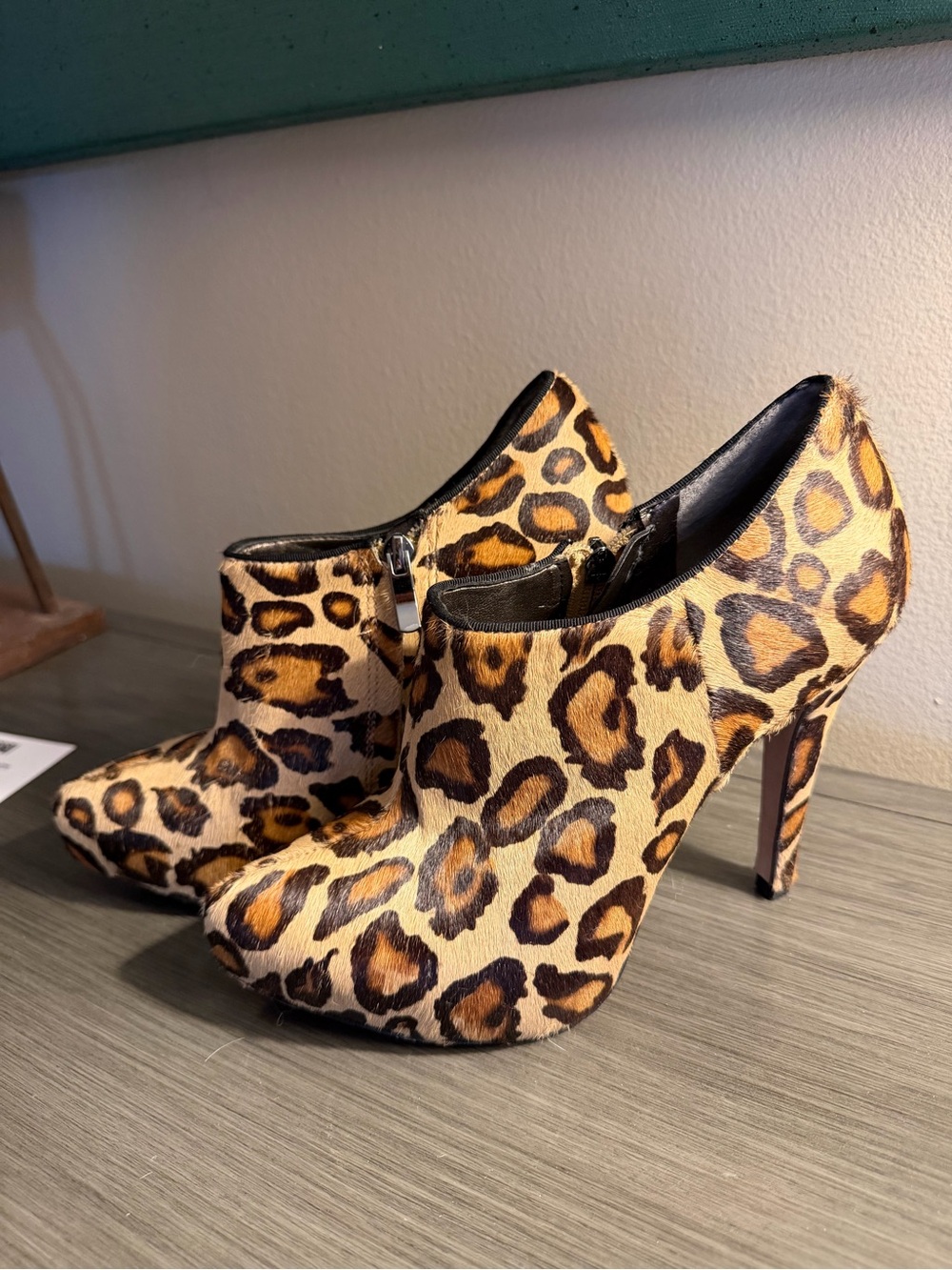 Sam Edelman RIA Calf Hair Leopard Print Stiletto Platform Ankle Booties